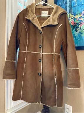 Esprit Tan/Brown Shearling-Trim Hooded Trench Coat